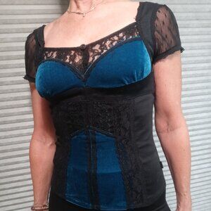 Blue Velvet & Black Lace Corset Short Sleeve Top